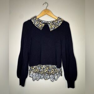 Maeve by‎ Anthropologie Black Knit Sweater Floral Collar XXS